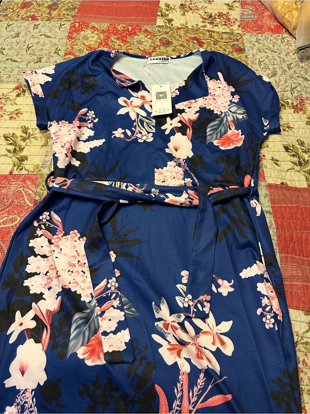 Ecowish Navy Floral Tie-Belt Casual Dress